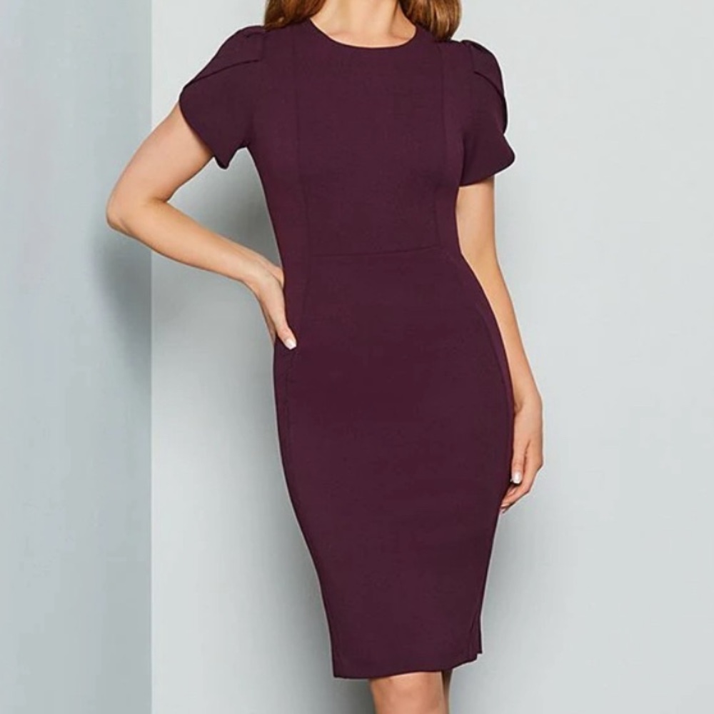 Plum dress with puff sleeves and gold zipper